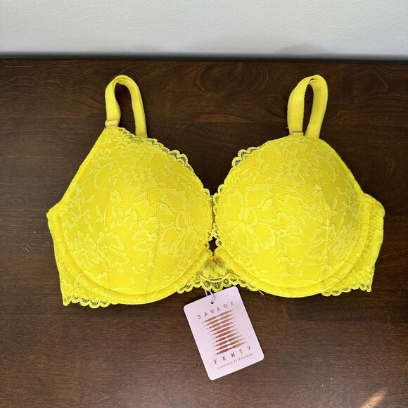Savage X Fenty Women Size 36D D Bra Floral Lace Push Up Yellow Neon Y2K Brat - Picture 2 of 15